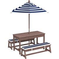 AIYAPLAY Outdoor Wooden Kids Picnic Table & Bench Set with Cushions and Umbrella, for Patio, Garden, Navy Blue