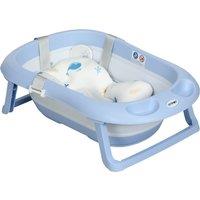 ZONEKIZ Foldable Baby Bath Tub, Bath Tub with Non-Slip Support, Cushion Pad, Drain Plugs, Shower Head Holder, for Newborn to 6 Years - Blue Aosom UK