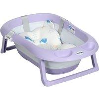 ZONEKIZ Foldable Baby Bath Tub, Bath Tub with Non-Slip Support, Cushion Pad, Drain Plugs, Shower Head Holder, for Newborn to 6 Years - Purple