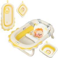 AIYAPLAY Foldable Baby Bath Tub Set with Bath Cushion, Wash Basin, Non-slip Stand & Bottom, Yellow