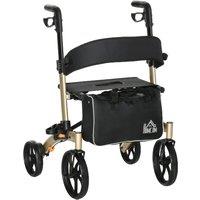 HOMCOM Folding Rollator with Cane Holder, Adjustable Handle Height and Aluminum Frame, 4 Wheeled Mobility Walker with Seat and Bag, Gold