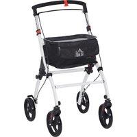 HOMCOM Folding Upright Rollator Walker with Storage Bag, Tray, Dual Brakes, Adjustable Handle Height, Mobility Aid Rolling 4 Wheeled Walker, White