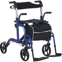 HOMCOM 2 in 1 Wheelchair Transport Chair & Folding Rollator Walker with Seat, Backrest, Footrest, Lightweight Walking Frame with Bag, Adjustable Height, 4 Wheeled Walker for Seniors, Pearl Blue