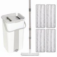 HOMCOM Mop and Bucket Set, Compact Flat Mop System with Wringer, 2-Chamber Design, 5 Reusable Pads, 127cm Handle, White