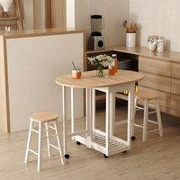 HOMCOM 3PC Wooden Kitchen Cart Mobile Rolling Trolley Folding Bar Table Two Stools Dining Chair Stor