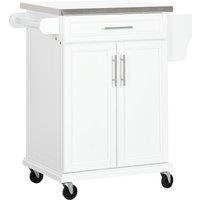 HOMCOM White Wooden Freestanding Kitchen Island on Wheels, Serving Cart Storage Trolley w/ Stainless Steel Top, Drawer, Side Handle & Rack Aosom UK