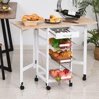 HOMCOM Drop-Leaf Kitchen Trolley w/ 3 Baskets Drawer Surface Top 6 Wheels Rolling Storage Unit Kitchen Home Dining Cart White Oak Tone Aosom UK