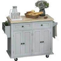 HOMCOM Rolling Kitchen Island Storage Trolley with Rubber Wood Top & Drawers for Dining Room, Grey Aosom UK