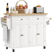 HOMCOM Rolling Kitchen Island Storage Trolley with Rubber Wood Top & Drawers for Dining Room, Cream White