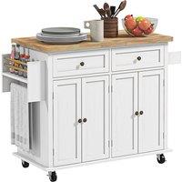 HOMCOM Rolling Kitchen Island Storage Trolley with Rubber Wood Top & Drawers for Dining Room, White Aosom UK