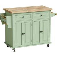 HOMCOM Rolling Kitchen Island Storage Trolley with Rubber Wood Top & Drawers for Dining Room, Light Green