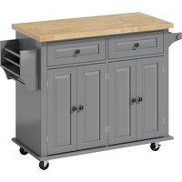 HOMCOM Kitchen Island on Wheels, Rolling Kitchen Trolley with Rubberwood Top, 2 Drawers, Adjustable Shelves, Grey
