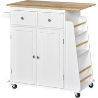 HOMCOM Kitchen Island Storage Cabinet Rolling Trolley with Rubber Wood Top, 3-Tier Spice Rack, Large Cabinet & Drawers