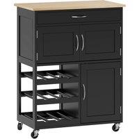 HOMCOM Modern Kitchen Trolley, Rolling Island Storage Cart with Drawer, 9-bottle Wine Rack, Door Cabinets, Black
