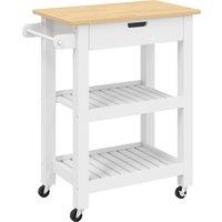 HOMCOM Kitchen Trolley Utility Cart on Wheels with Rubberwood Worktop, Towel Rack, Storage Shelves & Drawer for Dining Room
