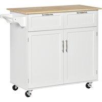 HOMCOM Modern Rolling Kitchen Island Storage Kitchen Cart Utility Trolley with Rubberwood Top, 2 Drawers, White Aosom UK