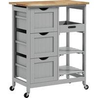 HOMCOM Rolling Kitchen Island Cart, Bar Serving Cart, Compact Trolley on Wheels with Wood Top, Shelves & Drawers, Grey