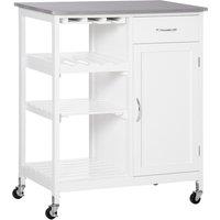 HOMCOM Compact Kitchen Trolley Utility Cart on Wheels with Wine Rack, Drawer, Open Shelf and Storage Cabinet for Dining Room, White Aosom UK