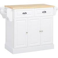 HOMCOM Kitchen Island with Storage Rolling Kitchen Serving Cart with Rubber Wood Top Towel Rack Storage Drawer Cabinet White
