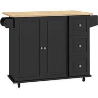 HOMCOM Kitchen Island with Drop Leaf, Rolling Kitchen Storage Trolley on Wheels with 3 Drawers, Black