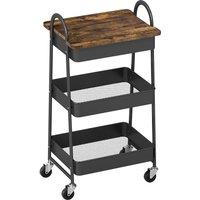 HOMCOM 3-Tier Kitchen Storage Trolley with on Wheels Cover Top Board - Rustic Brown and Black