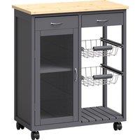 HOMCOM Bamboo Kitchen Island, Rolling Kitchen Trolley with Glass Door, 2 Metal Wire Baskets and Adjustable Shelf, Grey