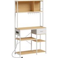 HOMCOM Kitchen Storage Rack with Power Outlet, USB and Type-C Ports, Drawer, Shelves and 4 Hooks, Oak and White