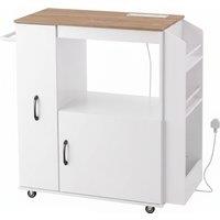 HOMCOM Kitchen Trolley on Wheels, Rolling Kitchen Island Cart with Power Outlet, Cabinet, Pull-Out Drawer, White