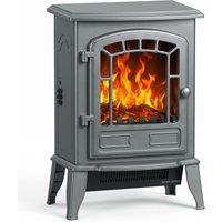 HOMCOM Electric Fireplace Stove, 1000W/2000W, Freestanding Electric Fire with LED Flame Effect, Adjustable Thermostat, Grey