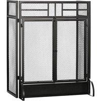 HOMCOM 3-Panel Folding Fireplace Screen with Door, Freestanding Spark Guard, Metal Mesh Fireguard, Black