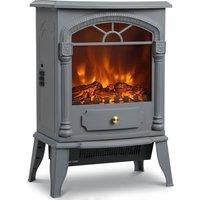 HOMCOM Freestanding Portable Fireplace, Electric Fireplace Stove Heater with 3D Flame Effect and Adjustable Thermostat, Grey