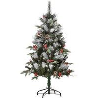HOMCOM 4FT Artificial Snow Dipped Christmas Tree Xmas Pencil Tree Home Party Decoration w/ Foldable Feet Berries & Pinecones, Green Aosom UK