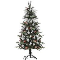 HOMCOM 5FT Artificial Snow Dipped Christmas Tree Xmas Pencil Tree Holiday Home Party Decoration w/ Foldable Feet Berries Pinecones, Green Aosom UK