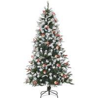 HOMCOM 6FT Artificial Snow Dipped Christmas Tree Xmas Pencil Tree Holiday Home Party Decoration with Foldable Feet Red Berries White Pinecones, Green