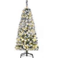 HOMCOM 4ft Prelit Artificial Snow Flocked Christmas Tree with Warm White LED Light, Holiday Home Xmas Decoration, Green White Aosom UK