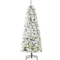 HOMCOM 6 Feet Prelit Artificial Snow Flocked Christmas Tree with Warm White LED Light, Holiday Home 