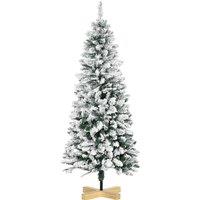 HOMCOM 5 Foot Snow Flocked Artificial Christmas Tree, Xmas Pencil Tree with 426 Realistic Branches, Auto Open, Pinewood Base, Green Aosom UK