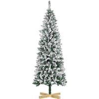 HOMCOM 6 Foot Snow Flocked Artificial Christmas Tree, Xmas Pencil Tree with 630 Realistic Branches, Auto Open, Pinewood Base, Green Aosom UK