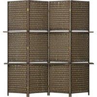 HOMCOM 4-Panel Room Dividers with Shelves, Wave Fibre Freestanding Folding Privacy Screen Panels, Partition Wall Divider Brown Aosom UK