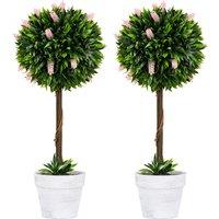 HOMCOM Set of 2 Decorative Artificial Plants Ball Trees with Flower for Home Indoor Outdoor Decor, 60cm ,Pink