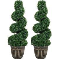 HOMCOM Set of 2 Artificial Plants, Topiary Spiral Boxwood Trees with Pot, for Home Indoor Outdoor Decor, 90cm