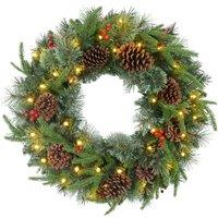 HOMCOM Christmas Door Wreath for Front Door with LED Lights, Pine Cones and Red Berries, 60cm Pre-Lit Wreath for Windows, Wall, Green Aosom UK