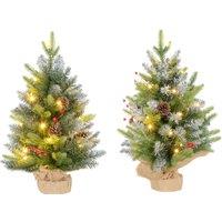 HOMCOM Small Christmas Tree With Lights, 2ft Prelit Artificial Christmas Tree, 2 Pieces w/ LED Light, Concrete Base, Red Berries, Green Aosom UK