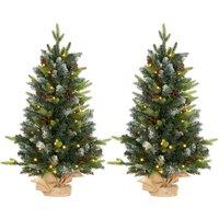 HOMCOM 2 Pieces 3ft Small Christmas Tree With Lights and 291 Tips, Concrete Base, Tabletop Xmas Tree w/ Pine Cones and Red Berries, Green Aosom UK