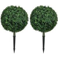HOMCOM Artificial Boxwood Trees w/ Ground Stake, Set of 2 Ball Shaped Topiary Trees for Home Office & Living Room, UV Resistant