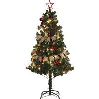 HOMCOM 5 Ft Christmas Tree Pre Lit with a 'Merry Christmas' Ribbon, a Top Star, Pine Cones, Decorative Balls and Light Controller Aosom UK