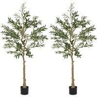 HOMCOM Set of 2 5ft/ 150cm Decorative Artificial Plant, Silk Olive Tree with 720 Leaves and 32 Olive Fruits in Pot, Fake Plant for Home, Office, Living Room, Indoor Decor