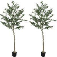 HOMCOM Set of 2 6ft/ 180cm Decorative Artificial Plant, Silk Olive Tree with 900 Leaves and 40 Olive Fruits in Pot, Fake Plant for Home, Office, Living Room, Indoor Decor