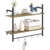 HOMCOM Wall Mounted Floating Shelves with 4 Hooks, Rustic Wall Shelf Unit for Living Room, Entryway, Grey