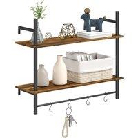 HOMCOM Wall Mounted Floating Shelves with 4 Hooks, Rustic Wall Shelf Unit for Living Room, Entryway, Rustic Brown